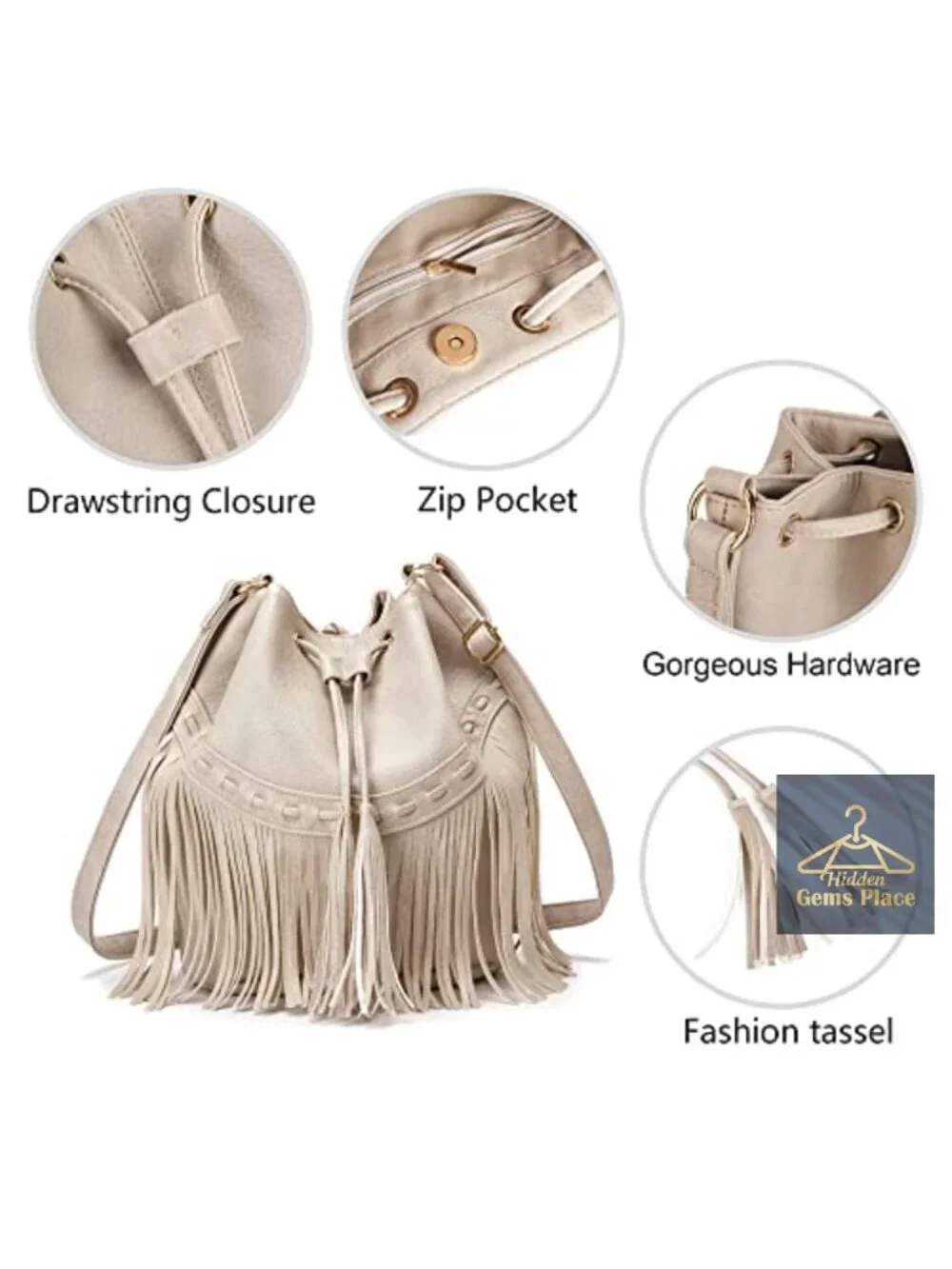 Vintage Fringe Bucket Bag with Drawstring - Faux Leather Crossbody